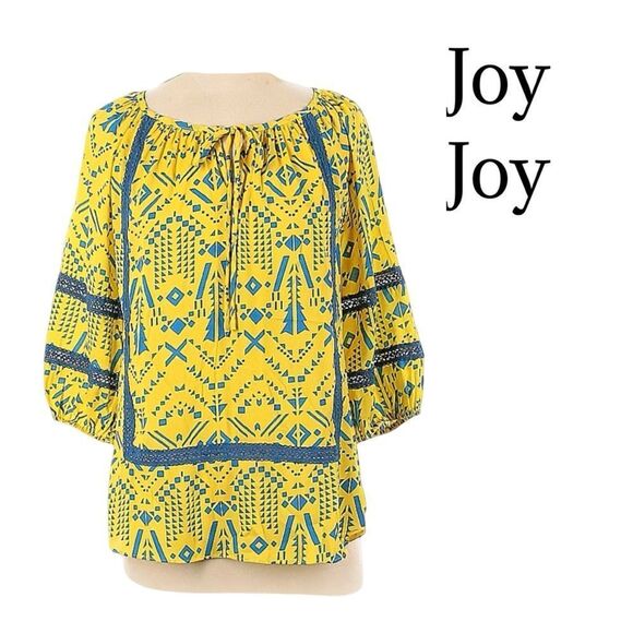 JOY JOY Yellow 3/4 Sleeve Blue Embroidered Top Sz S EUC - Picture 1 of 9